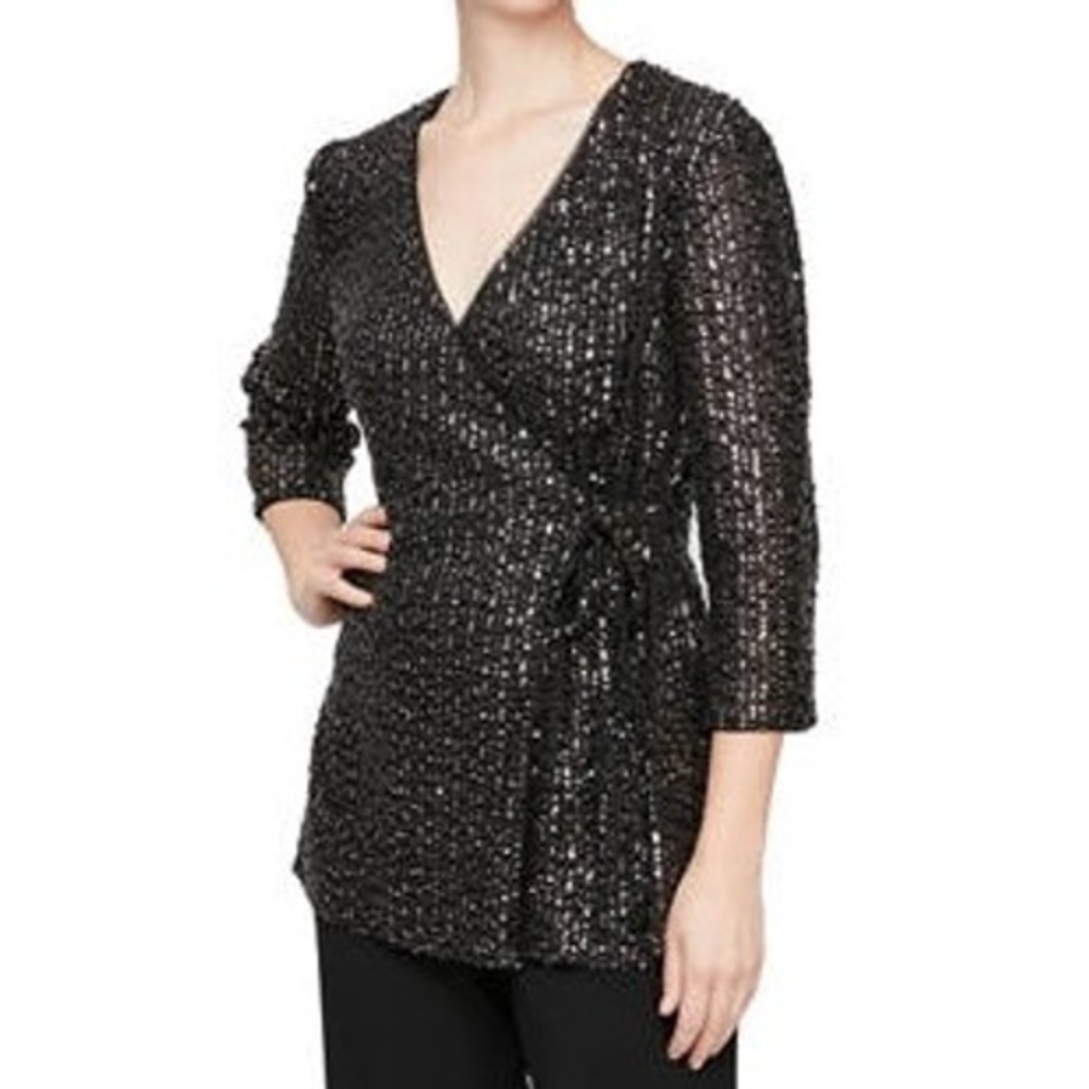 Alex Evenings Sequin Top S Party Blouse Wrap Style Glamorous Black Gold Festive